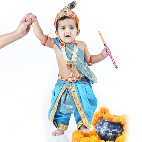 Image of ITSMYCOSTUME Krishna Dress for Baby Boy Kids Set of 10(Dhoti,Hip Cover,Patka,Mukut,Morpankh,Bansuri,Kamarband,Bajuband,Kundal) Little Krishna Ji Kanha Janmasthmi Costume