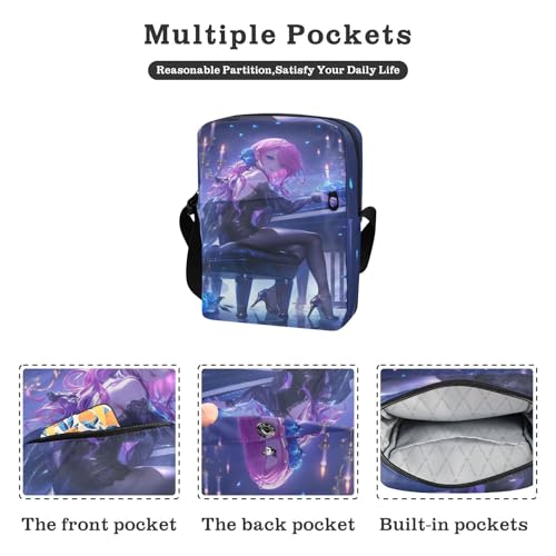 messenger bag for women mens shoulder bag Cross Body Purses Adjustable Strap for Shopping Shopping- Purple Blue Anime Play Piano2