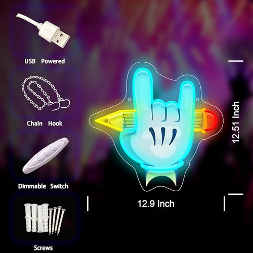 Image of Rock Hand LED Neon Sign USB Powered for Wall Decor, Pencil Neon Night Light Sign Dimmable for Room Party Decor Music Lover Birthday Gifts