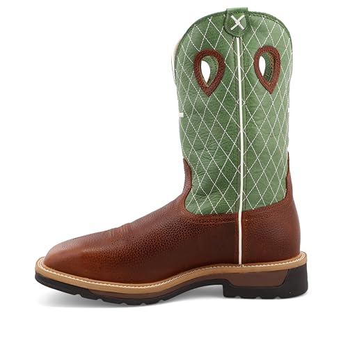 Twisted X Men's 12" Western Work Boot, Square Toe Steel Toe, Cognac Glazed Pebble & Lime - w/Metgaurd, 9.5 EE2