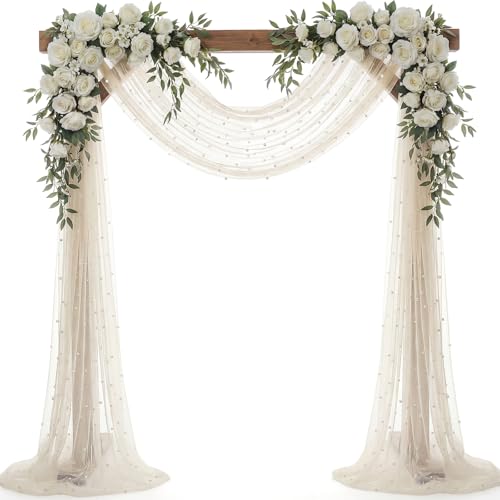 Image of Wedding Arch Draping Fabric with Pearl 28.7 inch x 20 ft Ivory White Sheer Gauze Fabric Backdrop Drapery for Wedding Arbor Ceremony Bridal Shower Birthday Party Reception Decor (Ivory White)