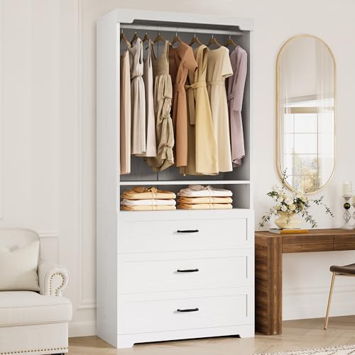 IRONCK Freestanding Closet System with 3 Wood Drawers, Modern Armoire
