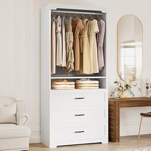 IRONCK Freestanding Closet System with 3 Wood Drawers, Modern Armoire Wardrobe with Adjustable Shelves & Hanging Rod, Walk-in Closet Systems Organizer, 31.5″ White