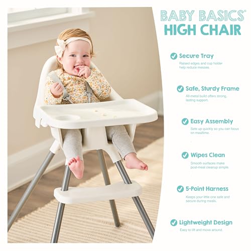 Image of Regalo Baby Basics High Chair for Babies and Toddlers, Baby High Chair with Removable Oversized Tray & Cup Holder, 5-Point Harness, Easy to Clean Toddler High Chair, White