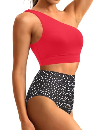 Image of Holipick Women One Shoulder High Waisted Bikini Sets Two Piece Swimsuit Tummy Control Bathing Suit Full Coverage Swimwear