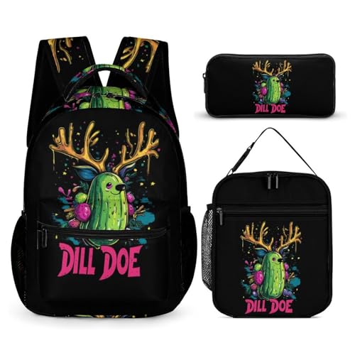 Dill Doe Funny Pickle Deer 3 PCS Backpack Set Casual Daypack with Insulated Lunch Bag & Pencil Case