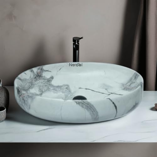Image of Designer Counter Top Wash Basin | Tabletop Ceramic Bathroom Sink | Wash Basin Over Counter | Wash Basin For Bathroom, Living Room (24 x 15 x 6 Inch) (Designer White Grey)