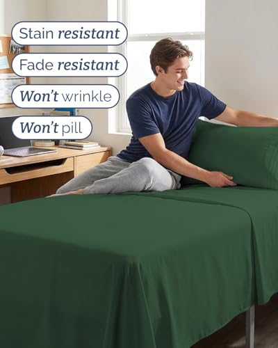 Image of Twin XL 4 Piece Sheet Set - College Dorm Room Essentials - Emerald | Ultra Soft Dorm Bedding Set, 8 inch to 16 inch Inch Deep Pockets, 1 Flat & 1 Fitted Sheet & 2 Pillowcases, Wrinkle & Fade Free