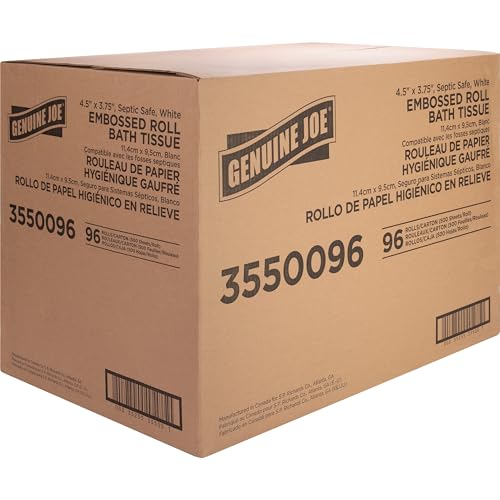 Image of Genuine Joe Embossed Bath Tissue, 2-Ply, Septic Safe, Individually Wrapped, 4.5 inch x 3.75 inch, 500 Sheets /Roll, 96 Count