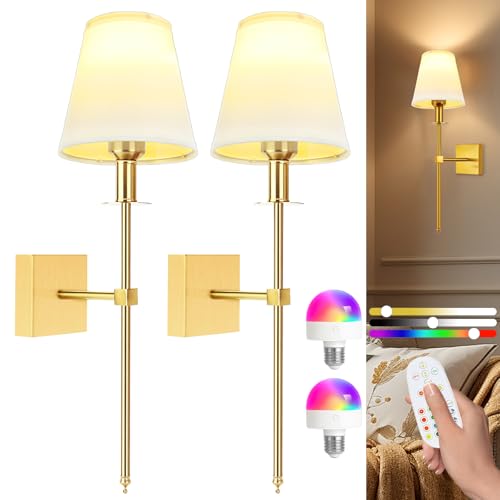 Psatfito G Applique da Parete Interno Dimmerabile, con 5000mAh Lampadina Ricaricabile e Telecomando, 400 LM Applique Parete Interno Vintage Tessuto per Soggiorno, Camera da Letto, Corridoio, 2 Pack