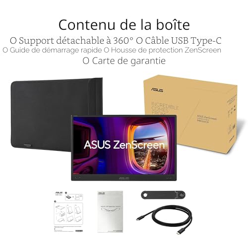 ASUS ZenScreen MB166CR Moniteur USB Portable 16" (15,6" visualisable), Full HD, IPS, USB Type-C, sans Scintillement, Filtre de lumière Bleue, Surface Anti-Reflets, béquille à 360°