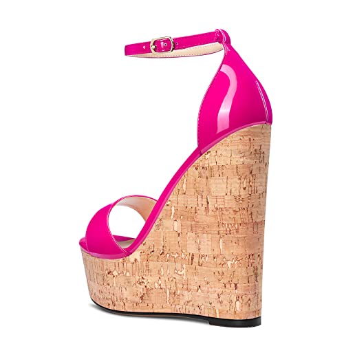 Aachcol Women Platform Wedge Sandals Round Peep Open Toe Ankle Strap Slingback Two-Piece Chunky Block High Heel Dress Shoes Pumps Party Patent 6 Inch3