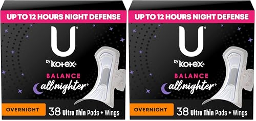 U by Kotex Balance Ultra Thin Overnight Pads with Wings, 38 Count (Pack of 2)