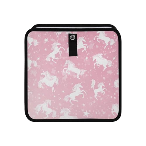 Image of Car Trash Can Organizer Bin with Adjustable Strap for Back Front Seat Console Waterproof Leakproof Collapsible Portable 8.66 Inch Pink Unicorns Silhouette and Stars