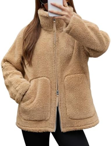 Tuopuda Fleecejacke Damen aus Teddyfleece mit Stehkragen und großen Taschen | Lockere Passform, weiches Fleecefutter, 2-Wege-Reißverschluss für Alltag, Freizeit und Reisen