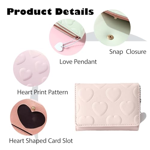 Small Wallets for Women and Girls with Heart-Shaped Pendant and Pattern, Womens Wallet PU Leather Wallet Trifold Wallets with 7 Credit Cards Slots and ID Window (Heart, Black)4