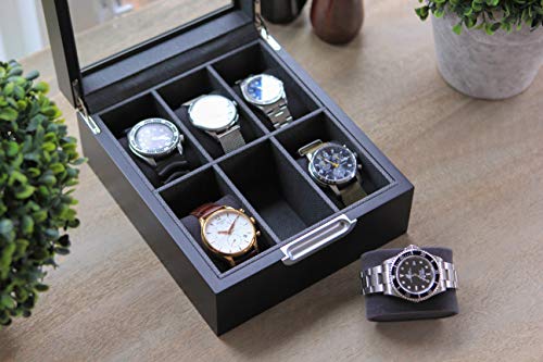 Case Elegance Watch Box Modern 2X3 Black Finish With Custom Aluminum Handle 6-Slot With Real Glass #TOP6