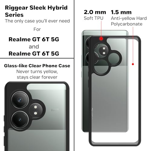 Image of RIGGEAR Shockproof Sleek Hybrid Armor Back Cover Case Compatible with Realme GT 6, Realme GT 6T 5G (Clear PC + Black TPU Bumper)