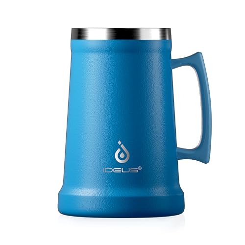 Ideus Insulated Beer Stein, 24/32oz Stainless Steel Double Walled Beer Mug Giant Bar Drinkware Metal Beer Cup with Big Grip Handle (Cerulean, 34oz (1,000ml))
