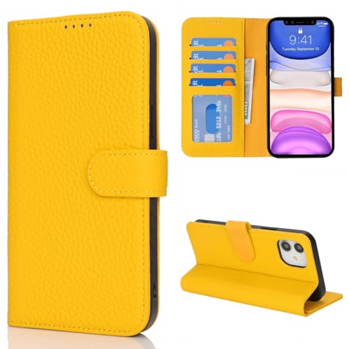 Coque iPhone 11 en cuir véritable jaune avec étui portefeuille premium élégant