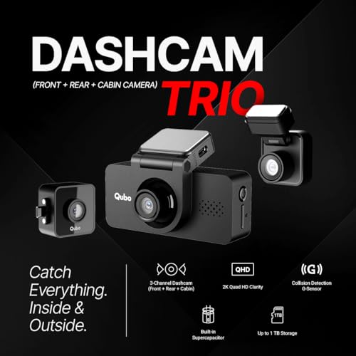 Image of Qubo 3-Channel Dashcam Trio by Hero Group (Front+Rear+Cabin Camera) [New Launch] | 2K QHD | Built-in Wi-Fi & GPS | Wide FOV | IR Night Vision | App Control | Supports up to 1TB SD Card