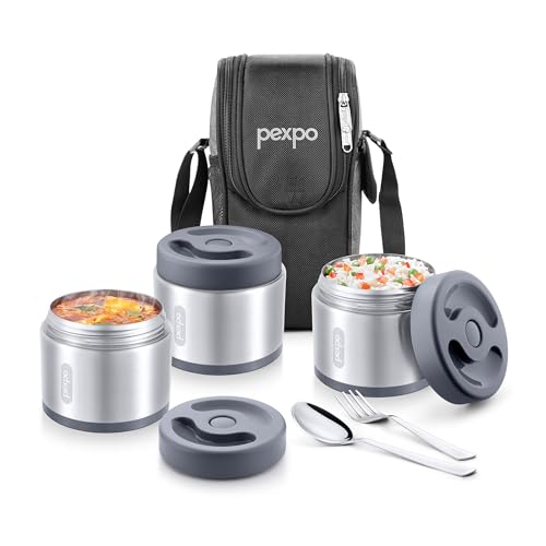 Image of Go24 pexpo Extreme Smart Stainless Steel Triple-Container Vacuum Insulated Lunch Box with Cutlery for Office and Travel, (350ml x 3 Containers),Microwave Safe | Heavy Duty | Airtight | Matte Finish