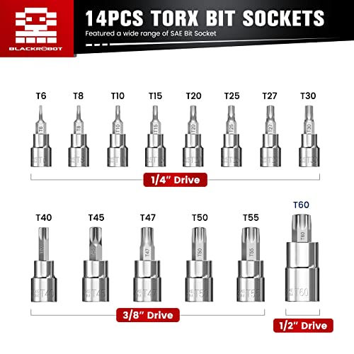Torx Bit Socket Set, 14-Piece Star T6 - T60 Set, 1/4” 3/8” 1/2” Drive, Premium S2 Alloy Steel Bits, Enhanced Storage Case #TOP1