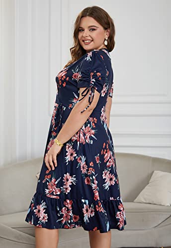 Image of Keluummi Plus Size Summer Wedding Guest Midi Dresses for Curvy Women, Floral V Neck Party Sundress