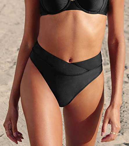 CUPSHE Women's Bikini Swimsuit Black High Waisted High Cut Cheeky V Cut Bikini Bottom3