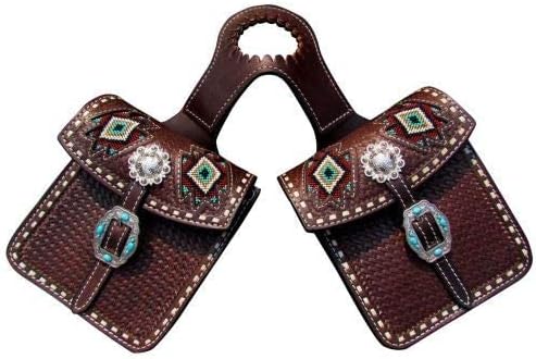 Showman Basket Weave Tooled Leather Horn Bag w/Beaded Inlays & Turquoise Stone Buckles