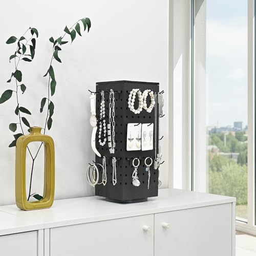 MOOCA Wooden Rotating Four-Sided Pegboard Jewelry Accessories Rack, Rotating Jewelry Display with a Lid for Large Inner Storage Space, 48 Removable Black Hooks, Black Color by MOOCA - Image 7