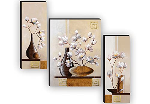 SAF paintings Set of 3 Flower Pot Paintings for living room with frame Self Adeshive UV Textured MDF Framed Painting 12 Inch X 18 Inch SAF-JM7722
