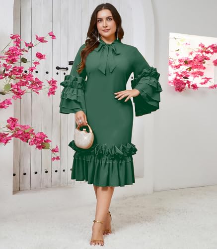 Image of dasmzper Women's Plus Size Midi Dress Ruffle Sleeve Bow Tie Neck Casual A line Swing Midi Dresses