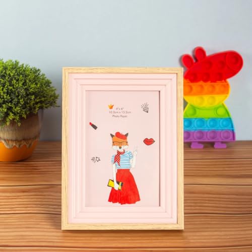 Image of Decorative Wooden Photo Frame 4x6, Pink & Natural Frame for Kids Room, Cute Bunny Illustration Picture Frame, 20cm x 15cm, Tabletop & Wall Display