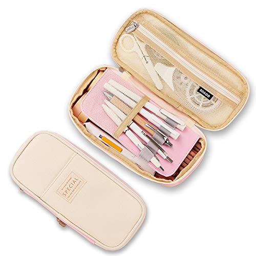 iSuperb Trousses Scolaire Évolutif Grande Capacité Poche Crayon Case Couleur Unie Filles Garcon Toile Pencil Case Teen Pen Holder (Rose2) Cover