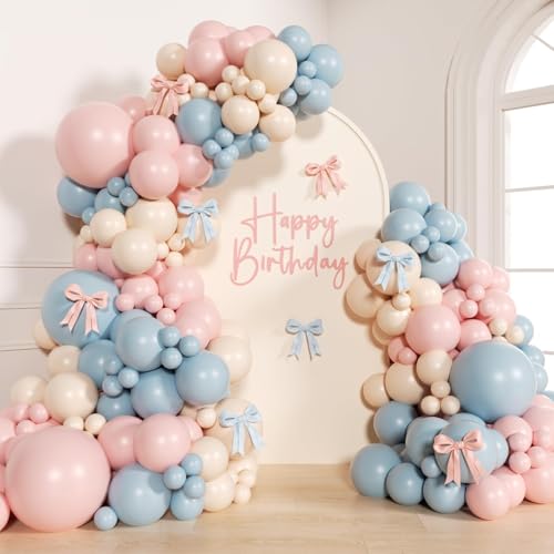 155pcs Gender Reveal Balloon Arch Pink Dusty Blue Sand White Balloons with Bows for Boho Gender Reveal Baby Shower Birthday Decorations