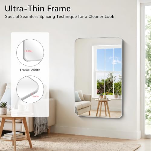 Image of DESBING 50 inchx30 inch Bathroom Mirror for Over Sink, Silver Framed Wall Mirror | High-Definition Shatterproof Vanity Mirror with Rounded Corner for Bedroom Living Room Entryway Horizontally or Vertically