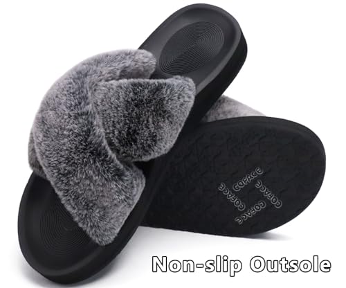 Image of COFACE Womens Fuzzy Slides Fluff Faux Fur Cross Slippers Open Toe Yoga Mat House Slipper Sandals With Arch Support For Indoor /Outdoor