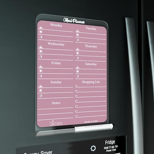 Image of 3 Lines ClearBite Acrylic Magnetic Meal Planner Board | Sleek & Durable | Includes Marker & Duster | 24x16 CM | Perfect for Meal Planning, Shopping Lists, Notes | Ideal for Home, Office | Plum