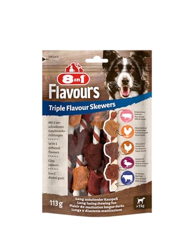 8in1 Triple Flavour - Brochetas para Perros de Todos los tamaños, con pechuga de Pollo, pechuga de Pato e hígado de Pollo, Aprox. 6 brochetas, 113 g