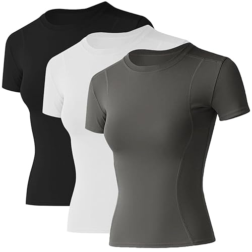 Loovoo Women Workout Shirts 1/2/3 Pack Athletic Compression Tee Dry Fit Yoga Gym Basic Tops - X-Large - D1_3 Pack_black&white&deep Grey_short Sleeve