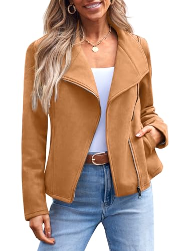 AUTOMET Women‘s Faux Suede Leather Jacket, Cropped Open Front Coat for Fall Winter Spring, Cardigan Style Brown M