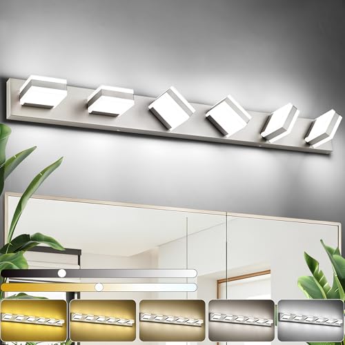 Image of SOLFART Bathroom Light Fixtures, 5 Color Temperature Modern Vanity Lights, Brushed Nickel 6 Lights LED Lighting Light Color Adjustable 5CCT