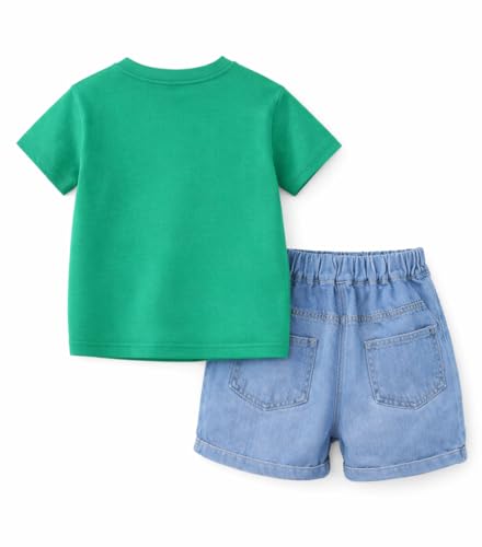 Image of Bold N Elegant Half Sleeve Pure Cotton Baby Boy Girl 3D Cartoon Smiley Animals T-Shirt with Denim Shorts Smart Casual Outfit for Infant Toddler Kids Upto 5 Years