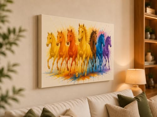 Image of 7 Horse Vastu Sunrise Canvas Painting | Positive Energy Wall Decor | Big Size Premium Running Horses Artwork for Home, Office & Hall Decoration (Modern, Yellow Horse, 26x18 Inch)