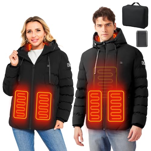 Inoamity Chaqueta Calefactable con Capucha Batería de 10 000 mAh, Chaqueta Termica para Hombre y Mujer con 3 Niveles de Calefacción y 4 Zonas, para Esquiar Moto y Actividades al Aire Libre, Negro XL