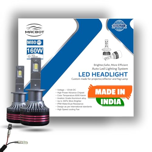 MACBOT H1 Type LED Headlight Bulb 160 Watt M80-H1, with 2-Year Replacement Warranty - Made in India for Cars (80 Watt Each Bulb) Super Bright White Light, Easy Installation, Long-lasting Performance