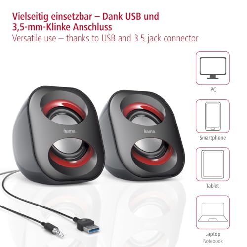 Hama | Altavoces para Portátil y PC 2.0 (USB y Jack 3,5 mm, Mini Altavoces Estéreo con Control de Volumen, Sonido Claro y Diseño Compacto) Negro/Rojo - imagen 3
