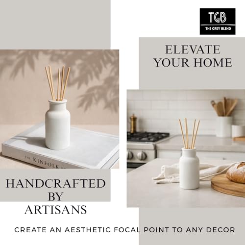 Image of Concrete Reed Diffuser Pot with 5 Reed Sticks - Empty Cylindrical Aroma Diffuser Bottle for Essential Oils | Minimal Home Fragrance Decor for Living Room, Bathroom & Desk (9.5 CM)