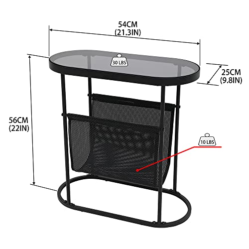 Yusong Tempered Glass End Table For Small Space, Narrow Oval Side Tables Living Room, Little Skinny Beside Table Slim Nightstand With Magazine Holder For Bedroom, Black #TOP1